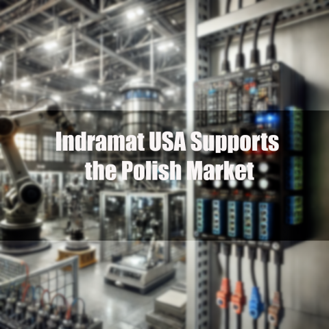 This image shows a servo motor with the text "indramat usa supports the polish market."
